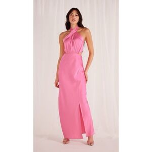 MINKPINK Dress Women's Finlay Pink Halter Gown With Split Open Back Size Small‎